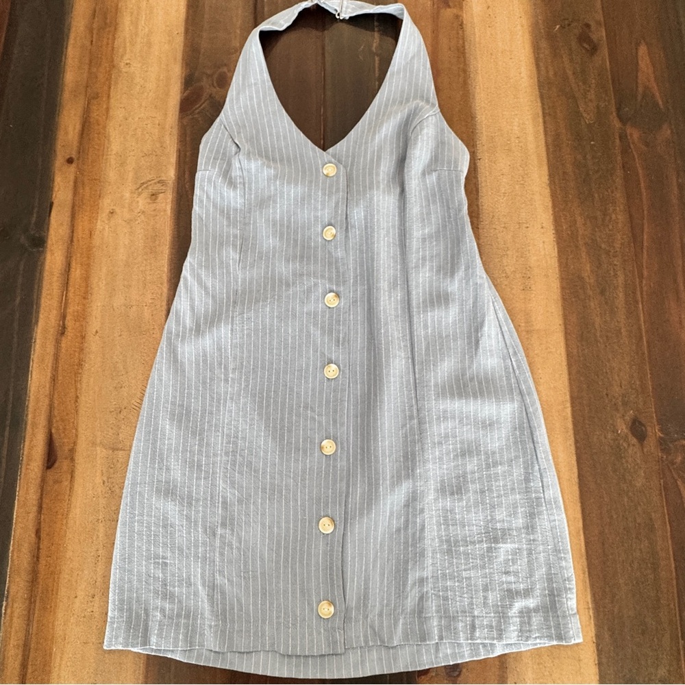 Monteau Linen Blend Backless Blueish Gray Striped Dress Large